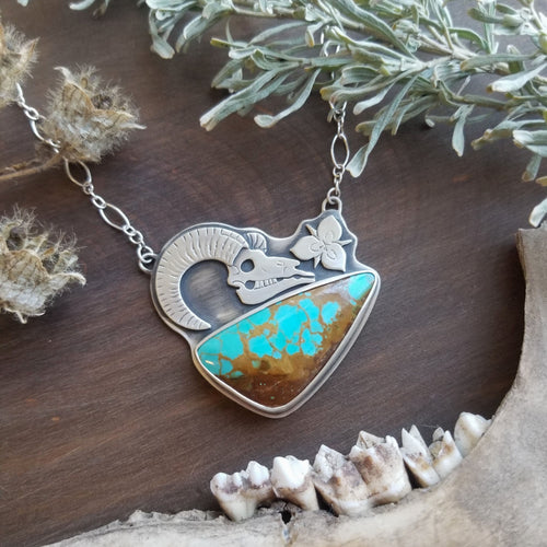 Bighorn Sheep Skull Necklace with Sego Lily and Turquoise