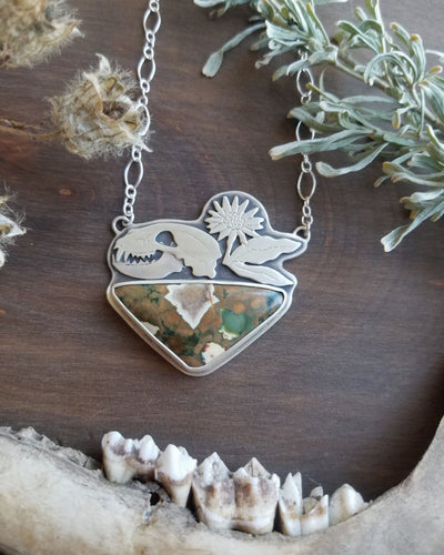 Badger Skull Necklace with Arrowleaf Balsamroot and Rainforest Jasper