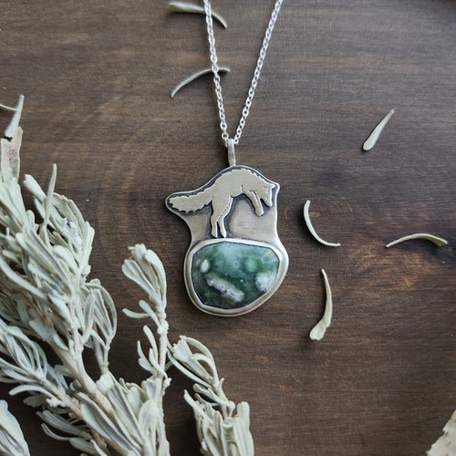 Jumping Coyote and Ocean Jasper Necklace