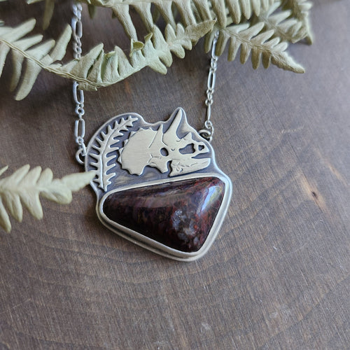 Triceratops Skull Necklace with Fern and Dinosaur Bone