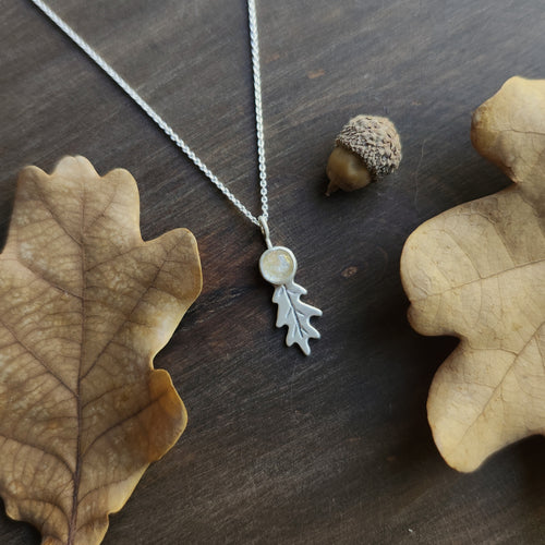 Tiny Oak Leaf Necklace with Golden Rutile Quartz