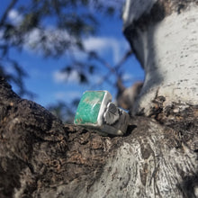 An aspen ring with a blue green stone, side view, balances on an aspen branch, with blue sky in the background