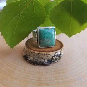 An aspen ring with a blue green stone, front view, sits atop a tiny wood slice, with green aspen leaves in the background