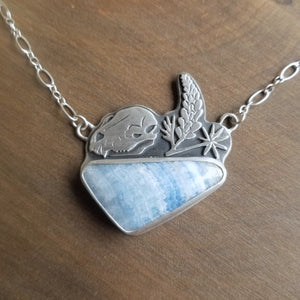 Bobcat Skull and Lupine Necklace with Blue Agate