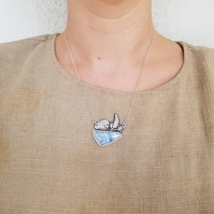 Bobcat Skull and Lupine Necklace with Blue Agate