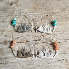 cactus hoop earrings with turquoise and orange sunstone beads