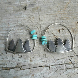 silver forest hoop earrings with turquoise beads